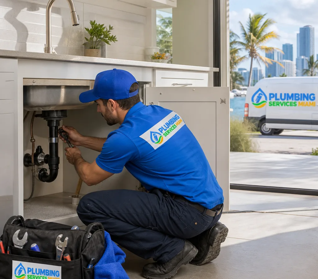 Plumber checking the P-trap and supply lines beneath a residential kitchen sink