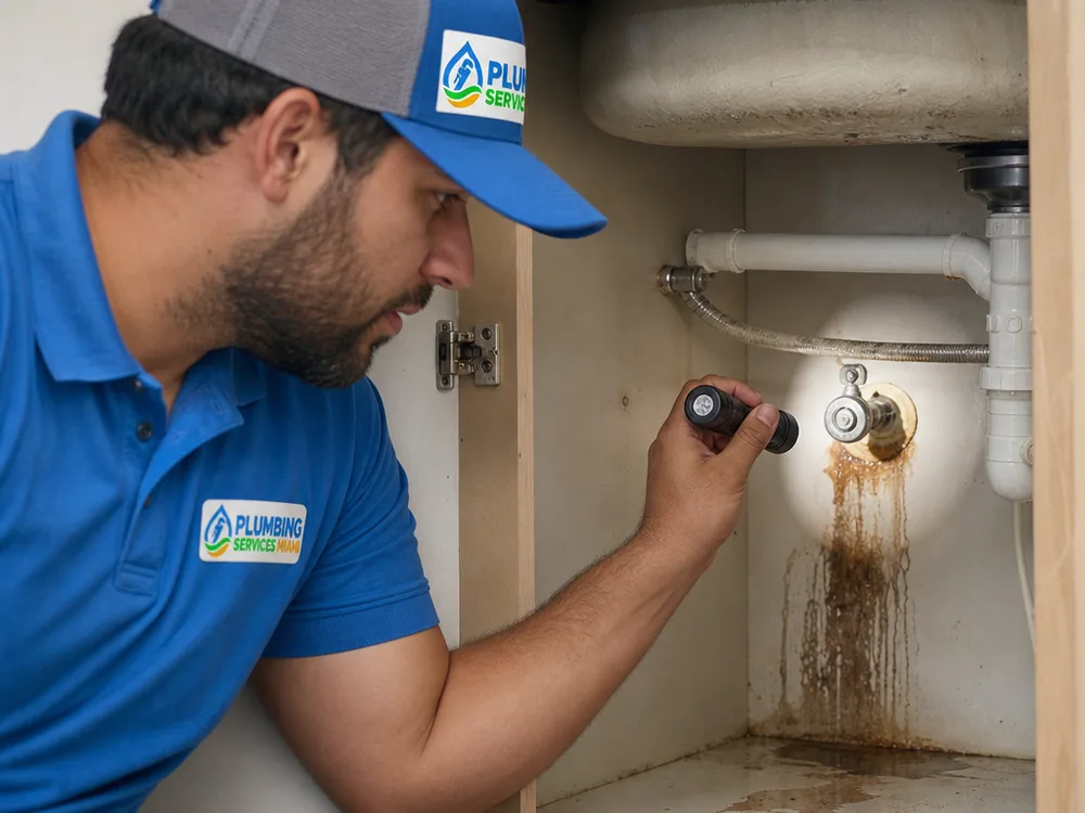 Water staining beneath a sink cabinet illuminated near the shutoff valve and angle stop
