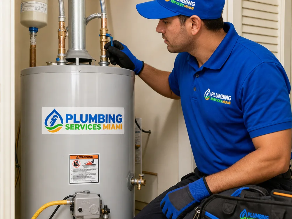 Water heater connections being checked for seepage at the inlet and outlet fittings