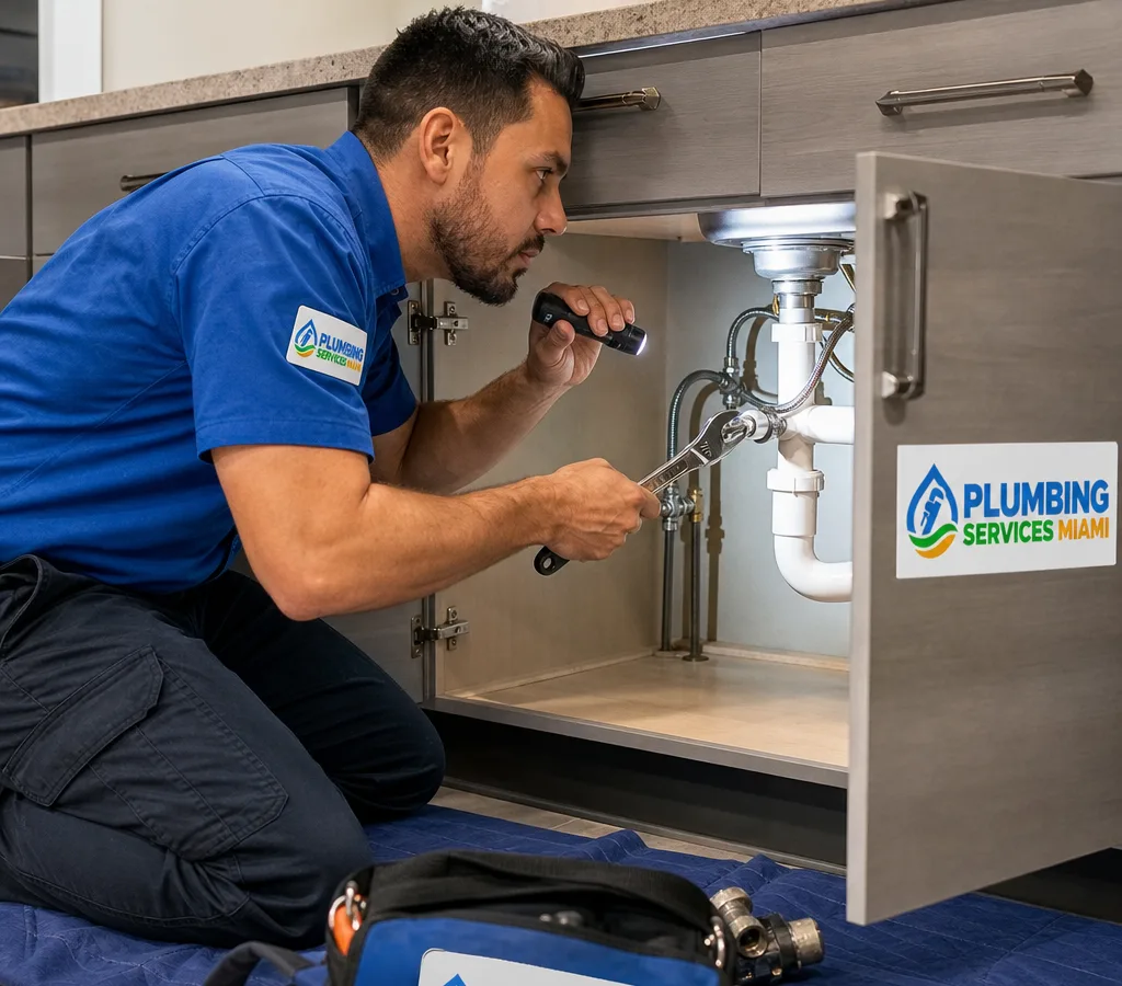 Plumber inspecting supply lines and a shutoff valve beneath a kitchen sink with a flashlight and adjustable wrench