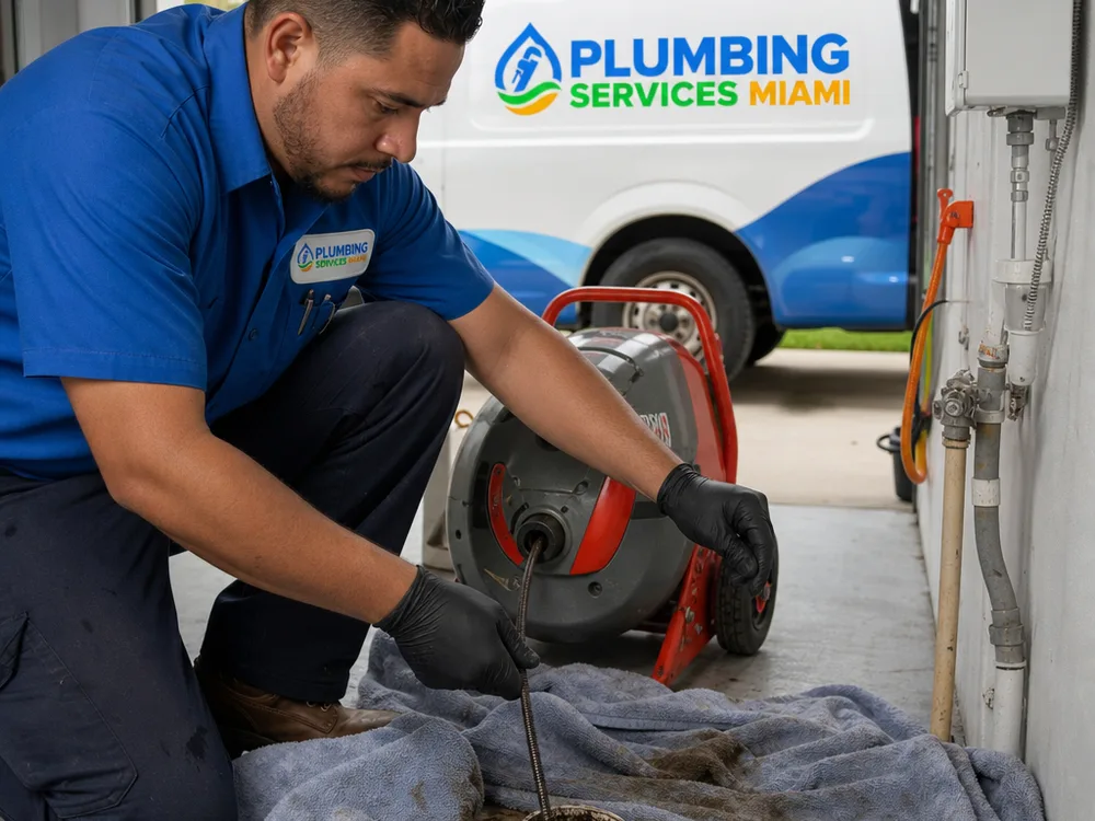 Drain snake cable being run into a cleanout with protective towels covering the surrounding floor