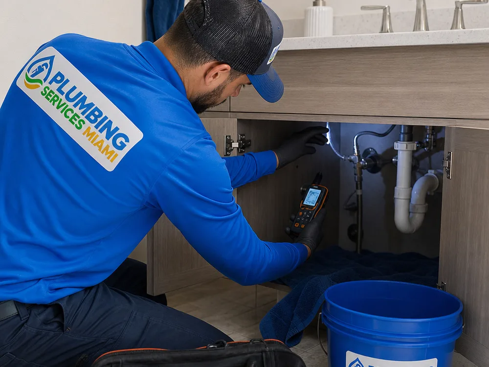 Moisture meter and flashlight being used to trace a small leak beneath a vanity near the shutoff valves