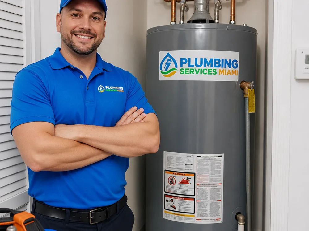 Neatly installed water heater with connected hot and cold lines and correctly routed relief-valve piping