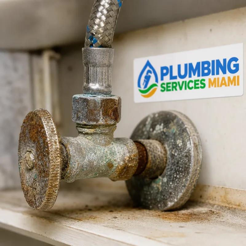 Corroded angle stop valve and braided supply line with mineral buildup beneath a sink