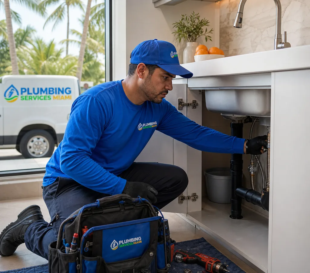 Residential plumber inspecting shutoff valves and supply lines beneath a kitchen sink