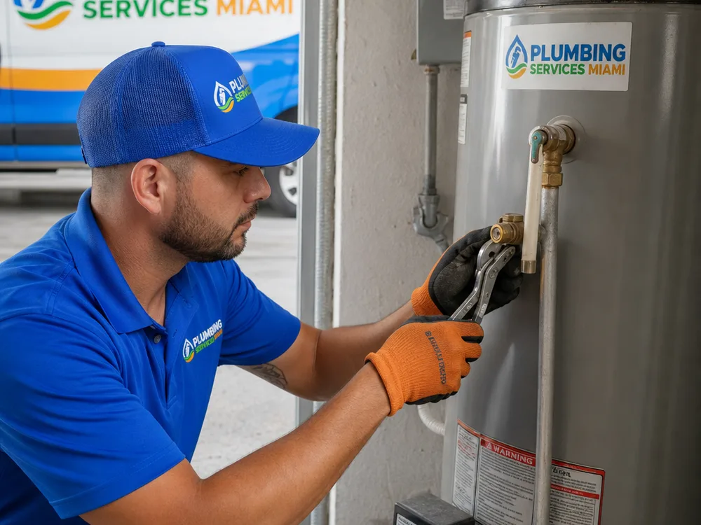Residential water heater being serviced at its relief valve discharge line and connections