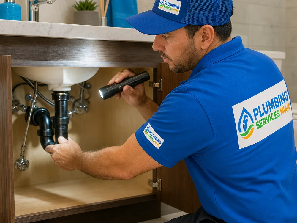 Plumber using a flashlight to inspect a vanity P-trap and drain connection for leaks