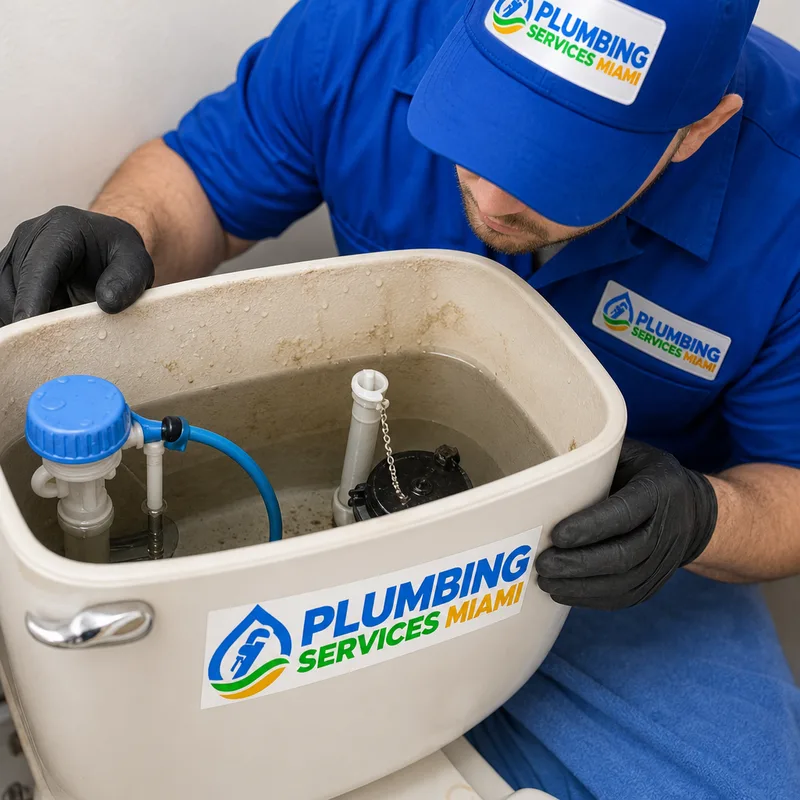 Open toilet tank showing the fill valve and flapper while the running-water issue is checked