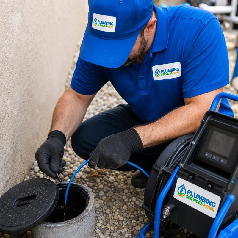 Contractor inspecting a main cleanout access point and preparing drain inspection equipment