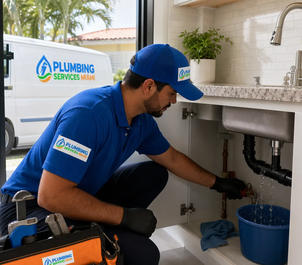 Contractor shutting off a residential water main valve while assessing a visible leak beneath a kitchen sink