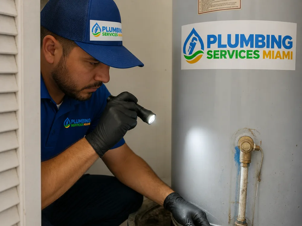 Contractor using a flashlight to inspect a water heater pan and pressure-relief valve discharge line
