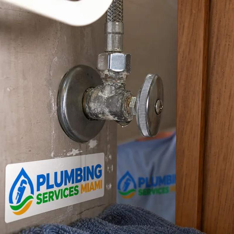 Leaking angle-stop shutoff valve beneath a bathroom vanity with mineral residue around its compression nut