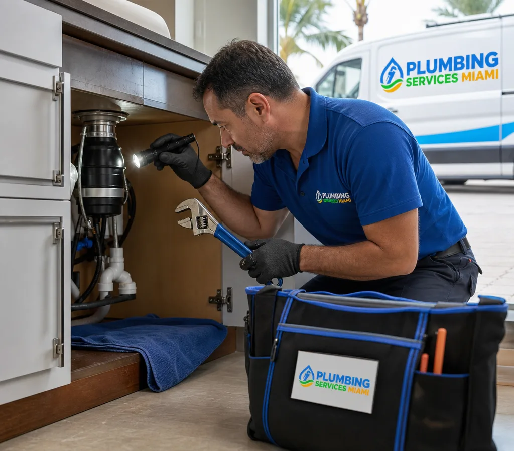 Plumbing contractor inspecting beneath a kitchen sink with a flashlight and adjustable wrench