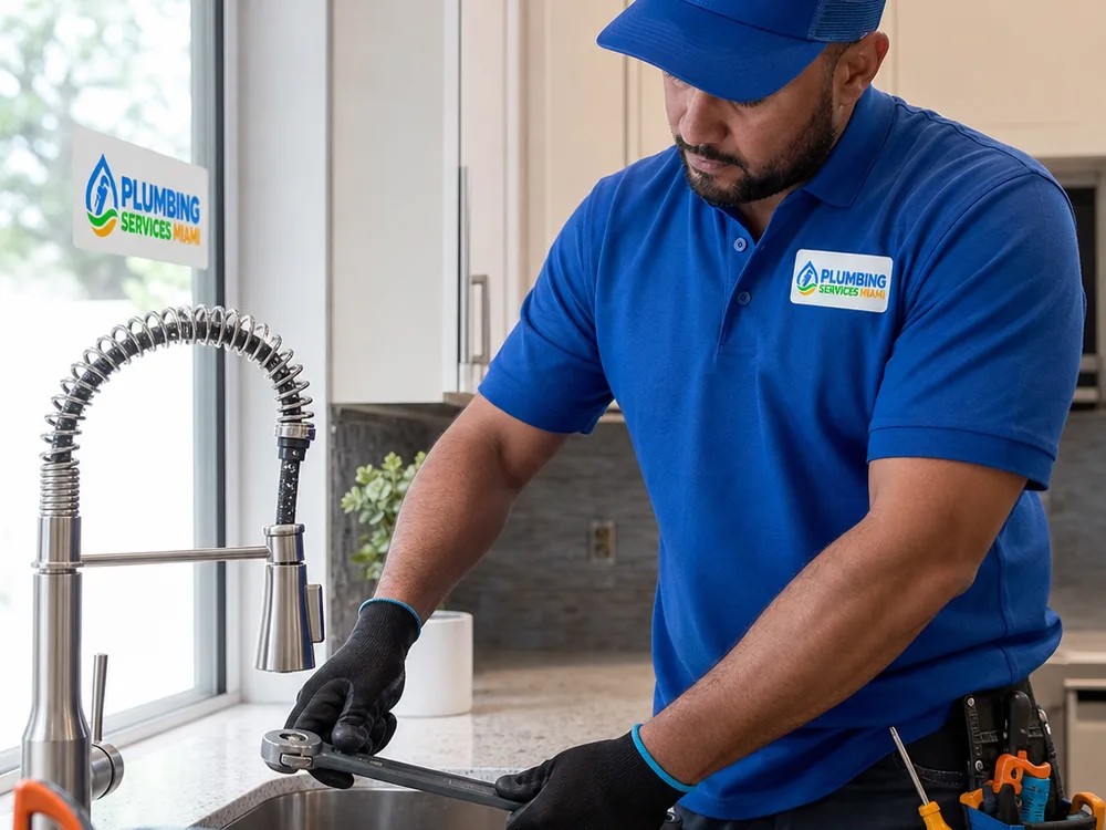 Plumbing contractor using a basin wrench to replace a kitchen faucet and reconnect its supply lines