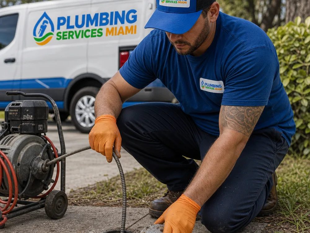 Plumbing contractor opening a cleanout cap and preparing a drain cable for a main-line clog diagnosis