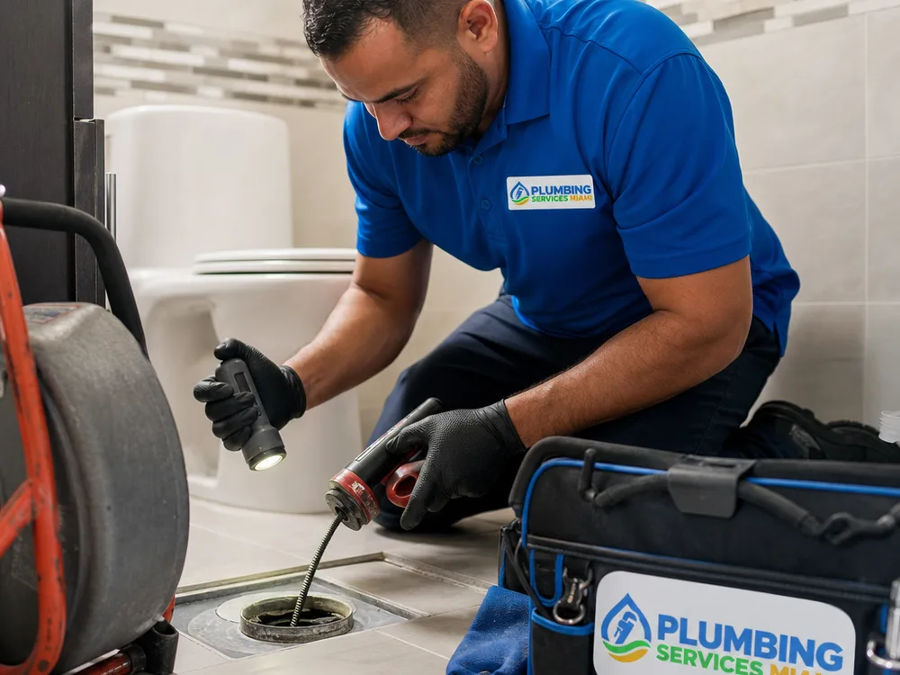 Plumbing contractor using a hand auger and inspection light at a bathroom drain cleanout