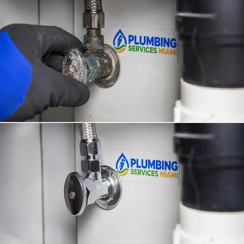 Corroded bathroom sink angle stop valve being tested and replaced