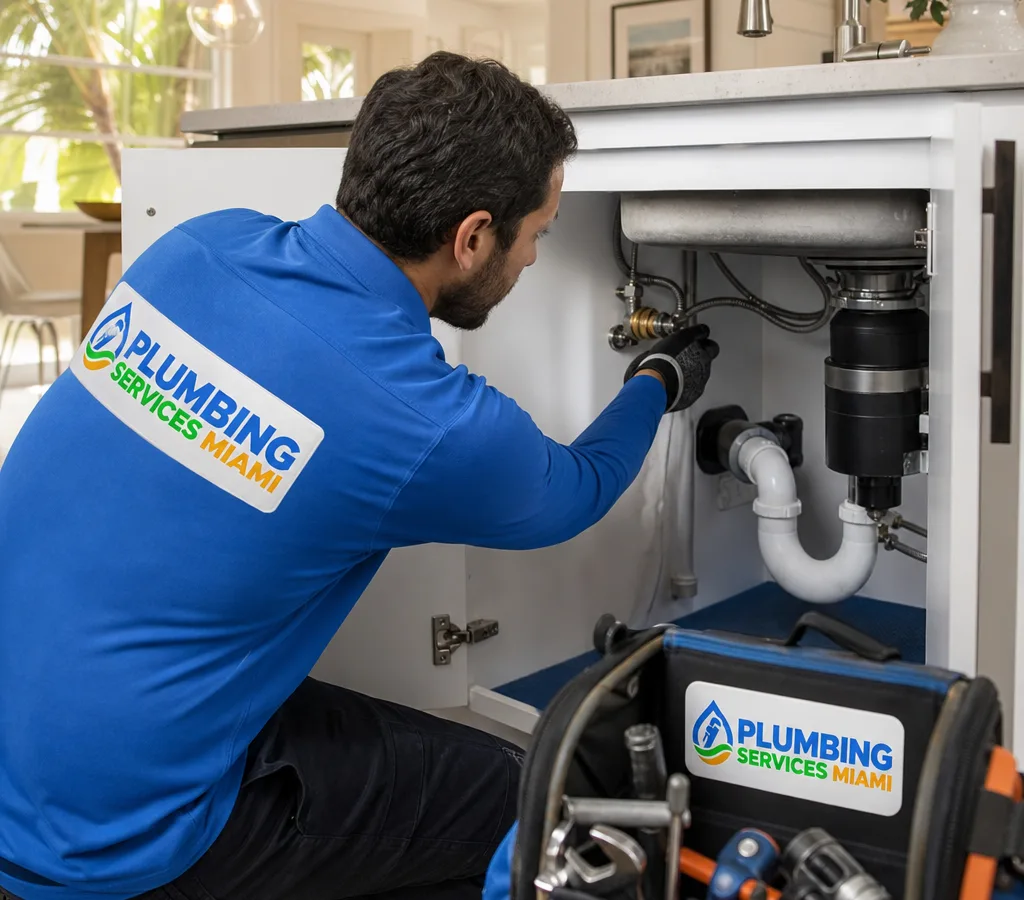 Plumber inspecting supply lines and a shutoff valve beneath a residential kitchen sink