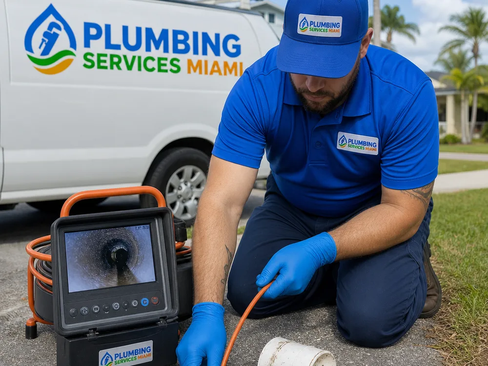 Drain camera cable being fed into a cleanout to inspect a sewer line