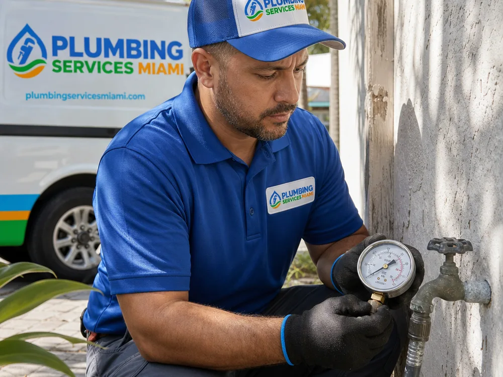 Water pressure being checked at an exterior hose bib with a pressure gauge