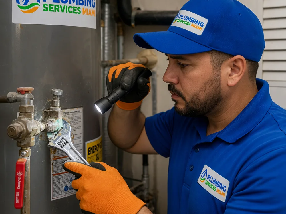 Plumber checking a water heater shutoff valve for seepage and corrosion with a flashlight and adjustable wrench
