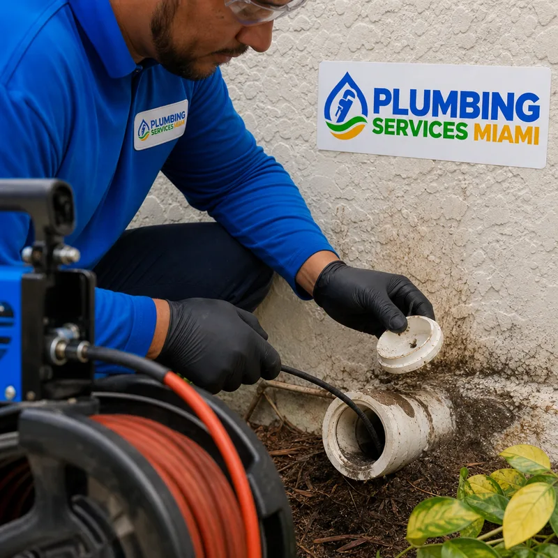 Camera push rod entering an open exterior drain cleanout with careful containment