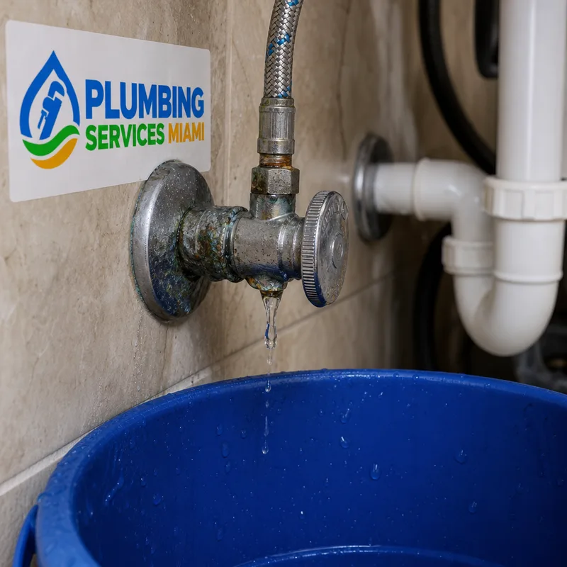 Leaking angle stop valve and braided supply line beneath a bathroom sink