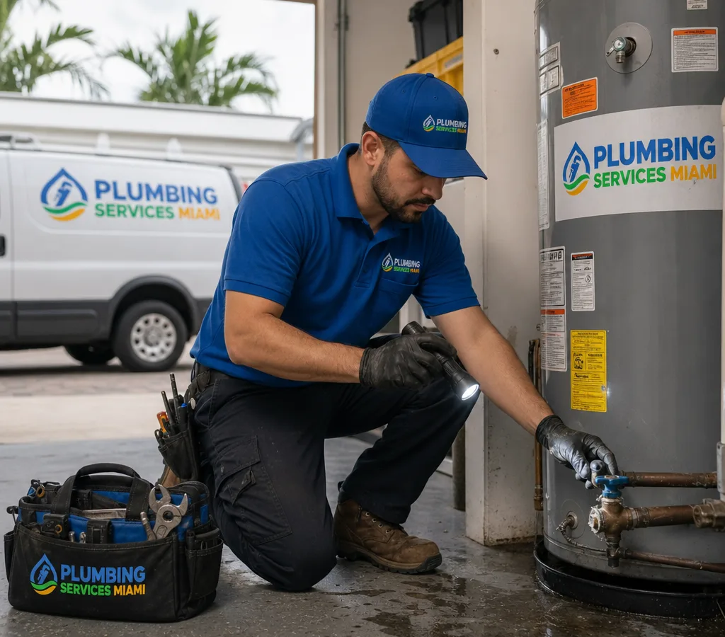 Contractor checking a residential water heater and main shutoff valve for leaks with a flashlight