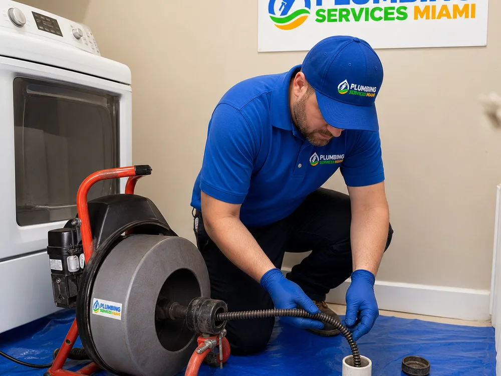 Cable drain machine feeding into a laundry standpipe with protective floor covering