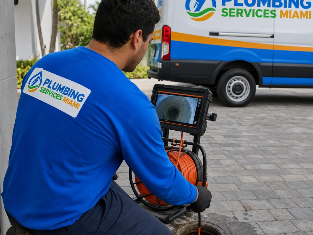 Contractor using an inspection camera at an exterior residential drain cleanout