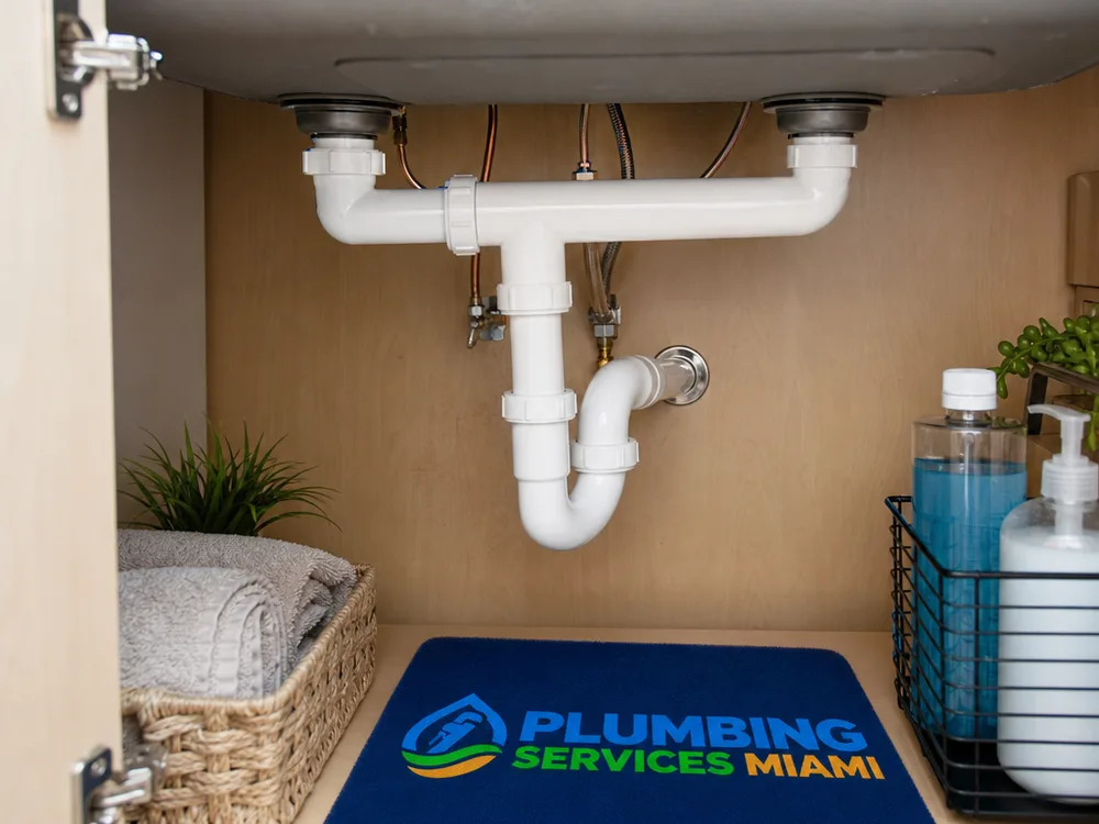 Neatly aligned P-trap and slip-joint connections beneath a kitchen sink