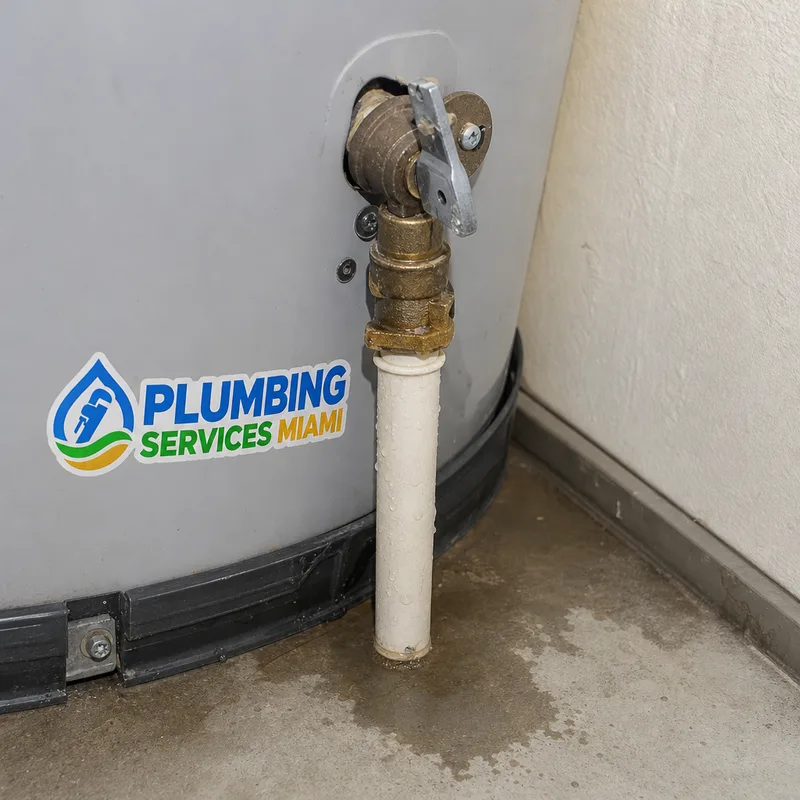 Water heater relief valve and discharge pipe with visible moisture marks near the floor