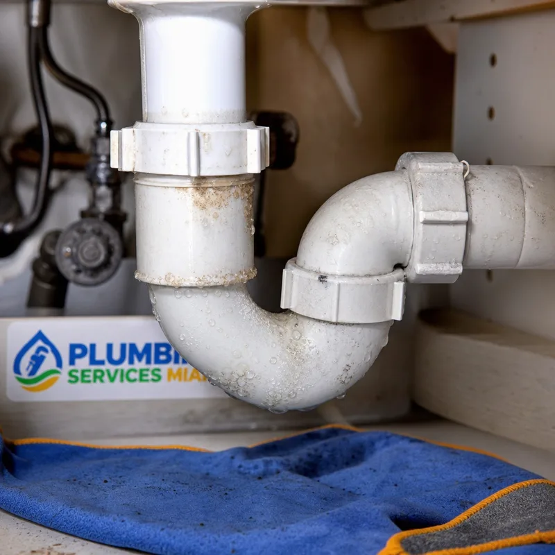 P-trap and slip-joint connections beneath a sink with mineral buildup and moisture at a joint