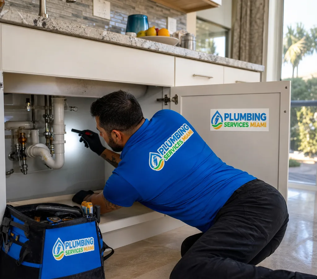 Plumber using a flashlight to inspect the trap and shutoff valves beneath a residential kitchen sink