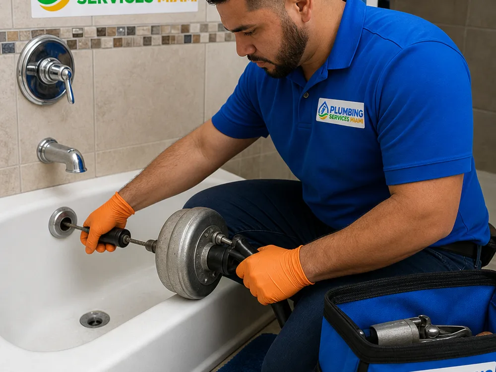 Hand auger being used through a bathroom tub overflow to clear a drain clog