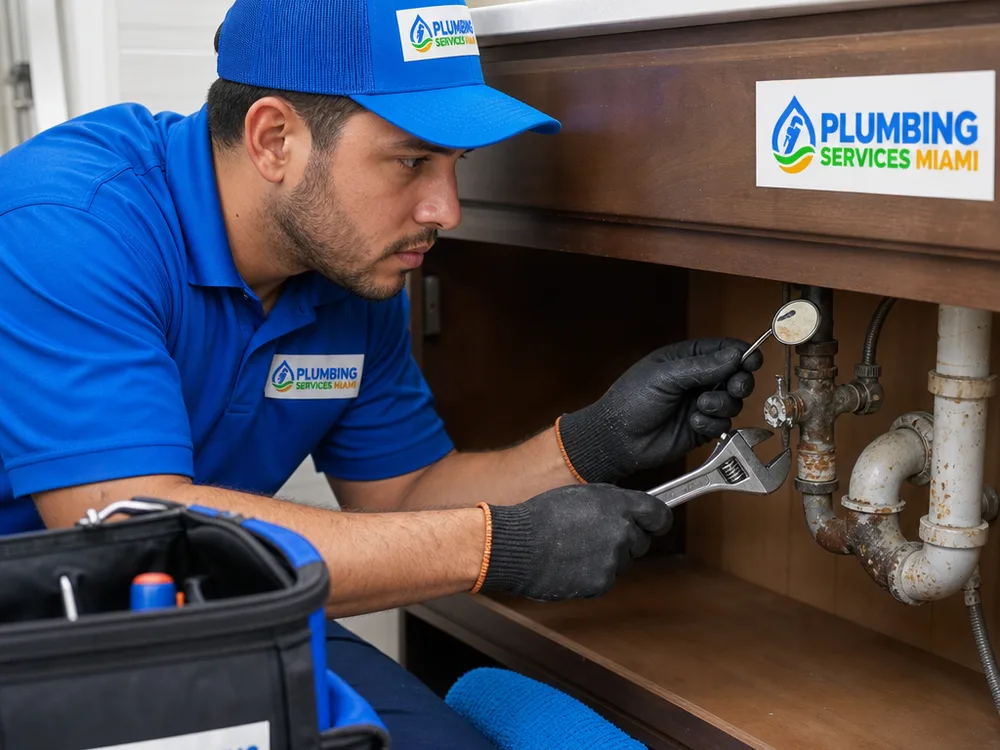 Inspection mirror and adjustable wrench being used to examine a corroded angle stop valve and bathroom vanity supply line