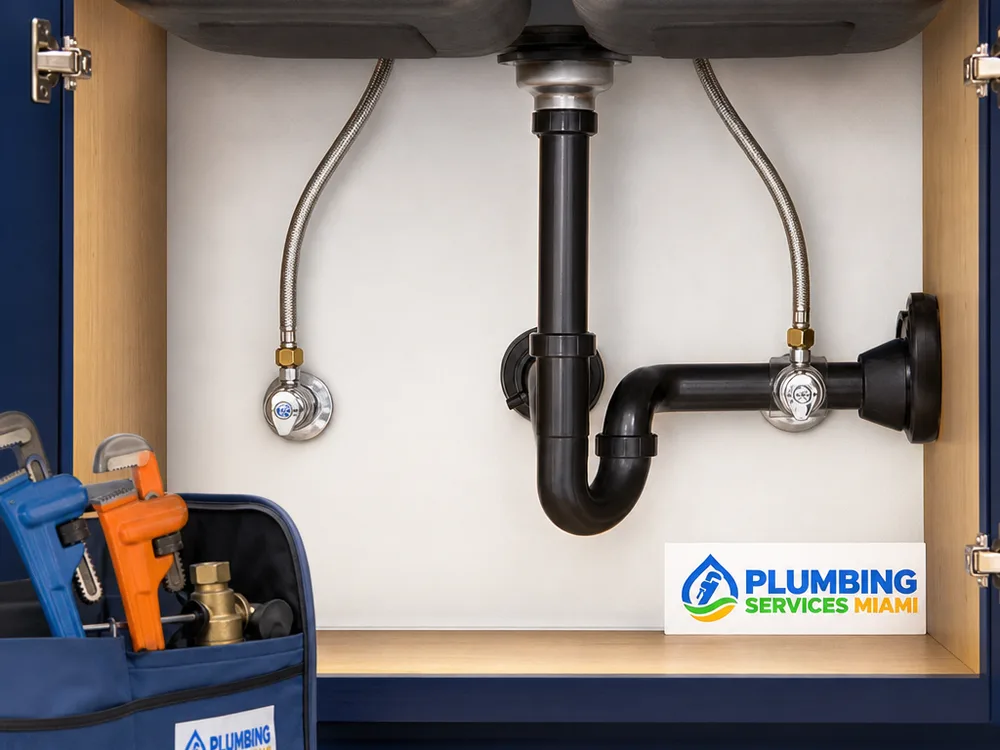 Neatly installed under-sink shutoff valves and braided kitchen supply lines with clean routing