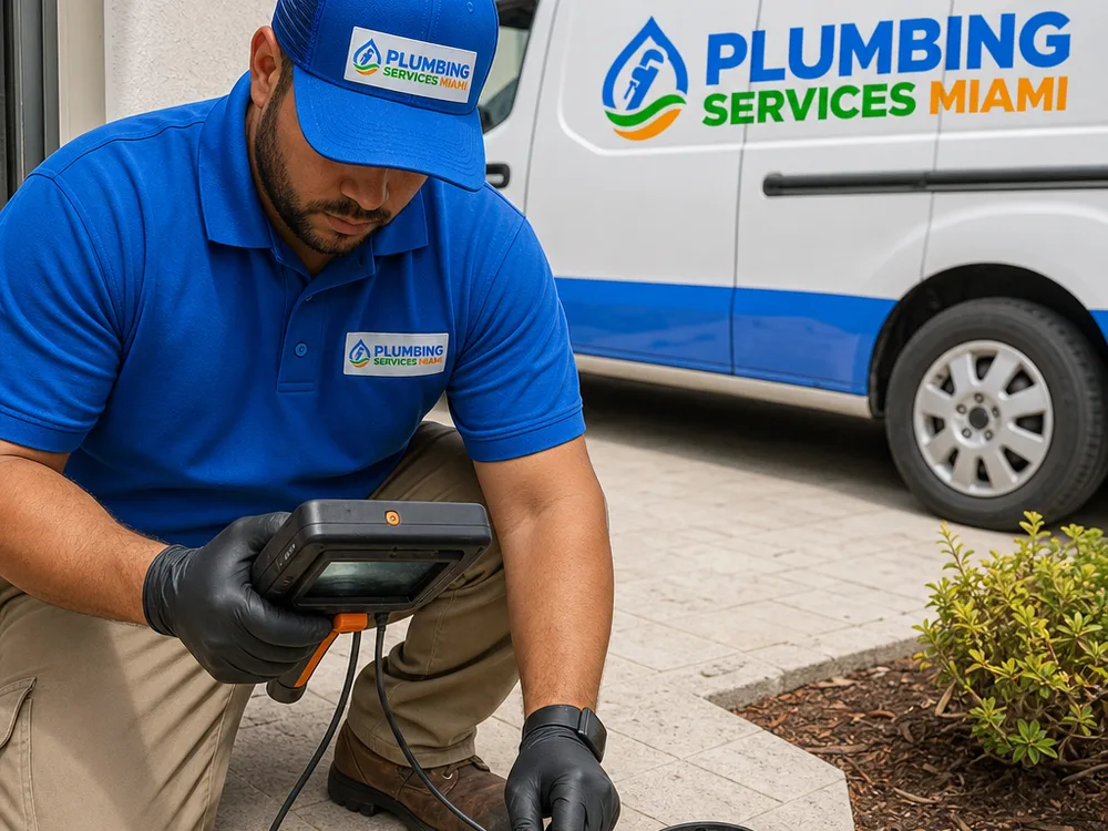 Handheld inspection camera being used at a drain cleanout opening