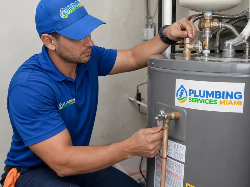Contractor inspecting a water heater relief-valve discharge pipe and tank connections