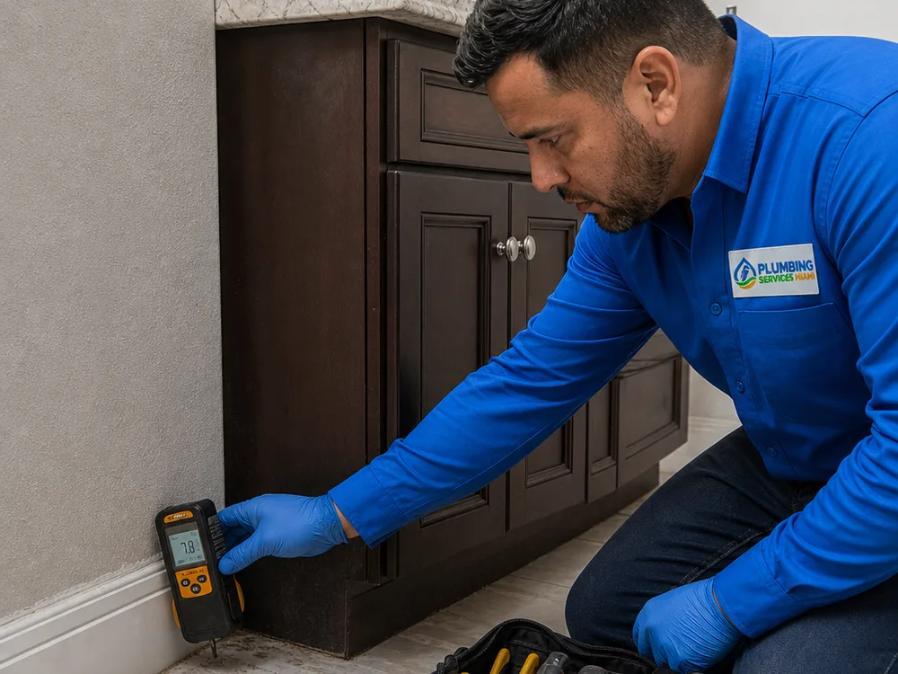 Moisture meter tracing a small leak along a bathroom vanity and adjacent drywall