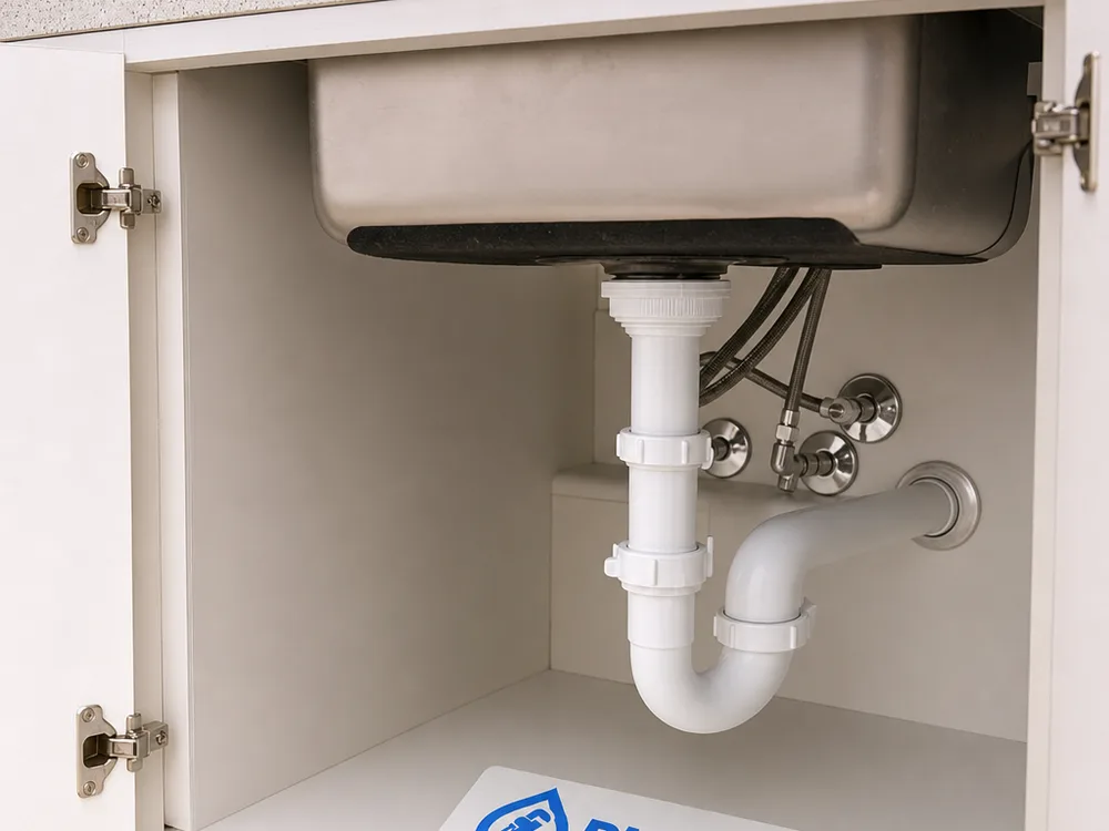 Neatly aligned P-trap and tubular drain assembly beneath a kitchen sink
