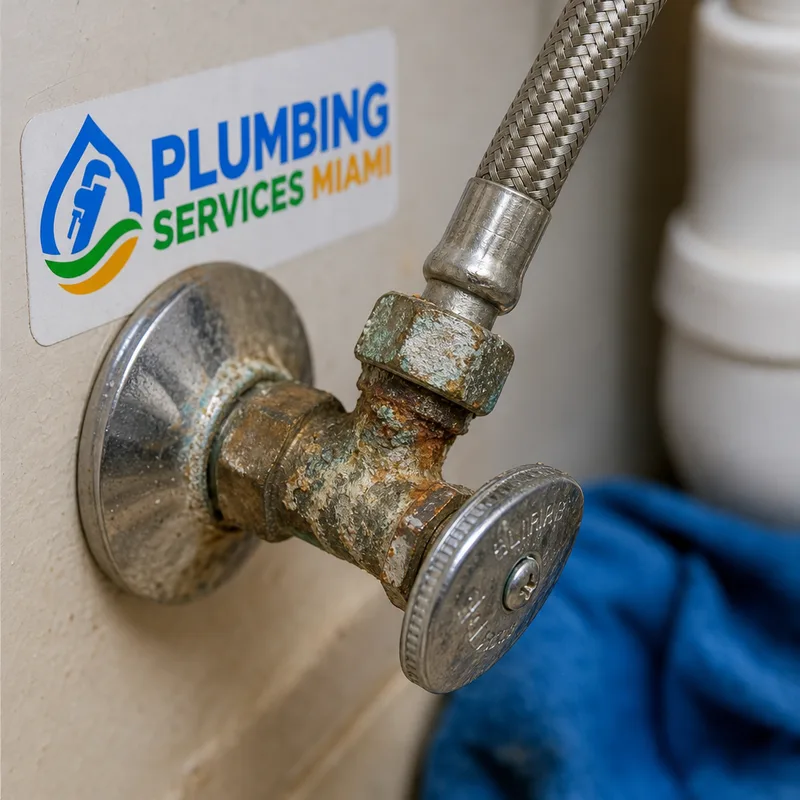 Corroded angle stop shutoff valve and braided supply line beneath a bathroom sink