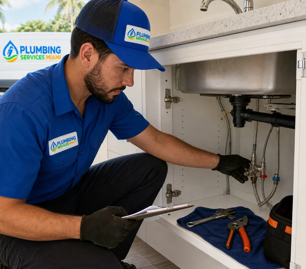 Plumbing contractor inspecting exposed supply lines and a shutoff valve beneath a residential sink