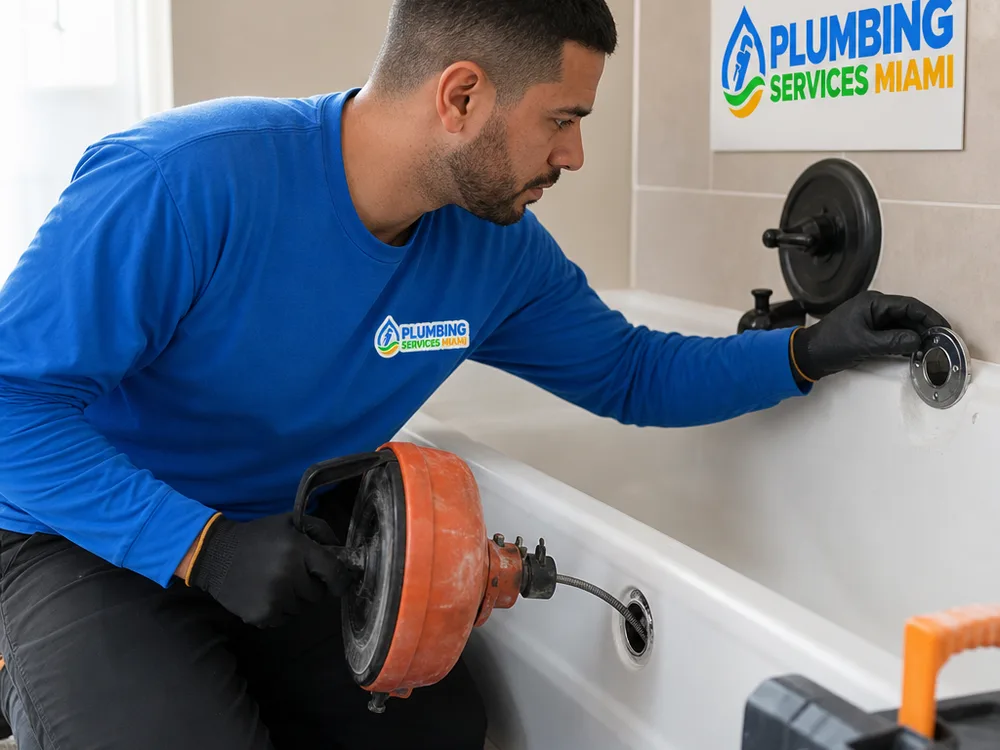 Contractor using a hand auger at a tub drain while inspecting the overflow opening