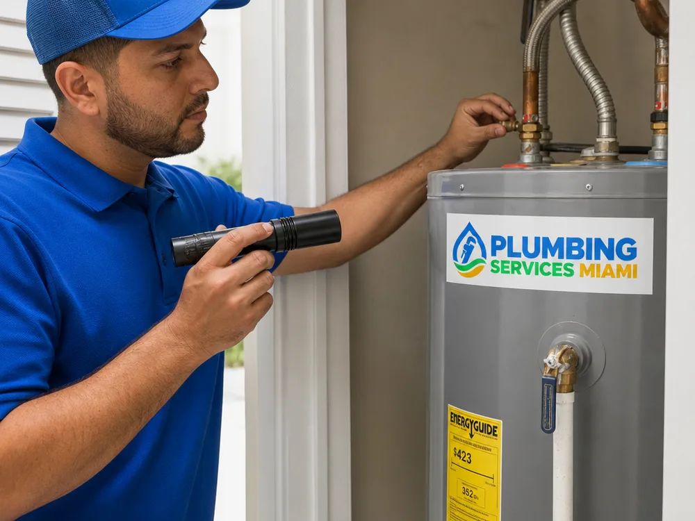 Contractor inspecting residential water heater lines and the relief valve discharge pipe