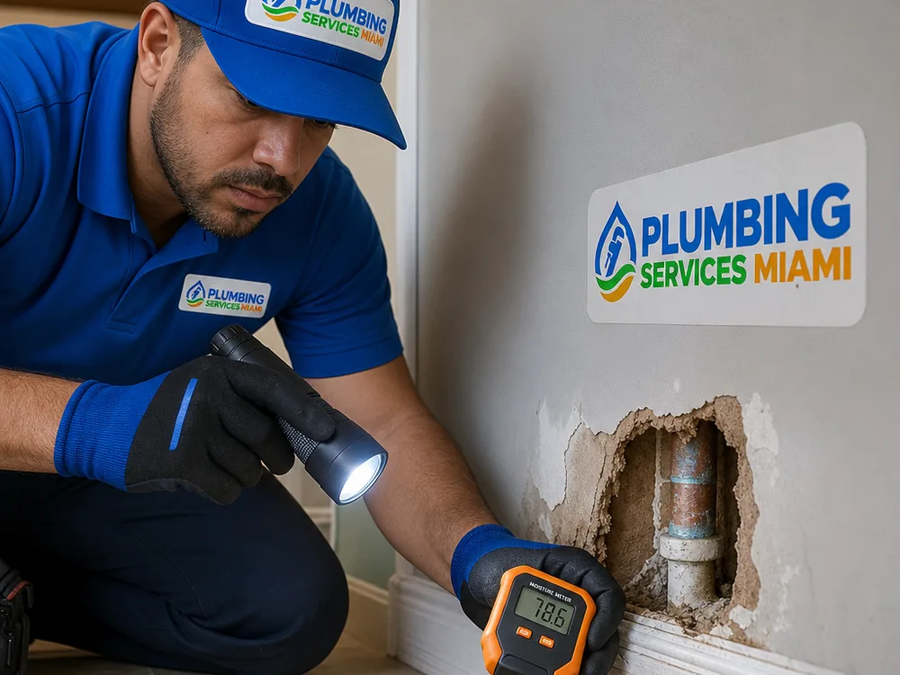 Contractor using a flashlight and moisture meter near a baseboard and wall penetration to confirm plumbing leakage