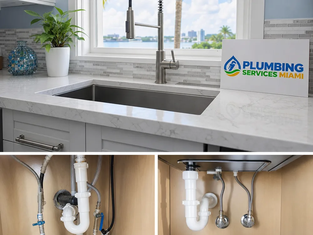 Neatly installed kitchen faucet with sealed baseplate and routed supply lines inside the cabinet