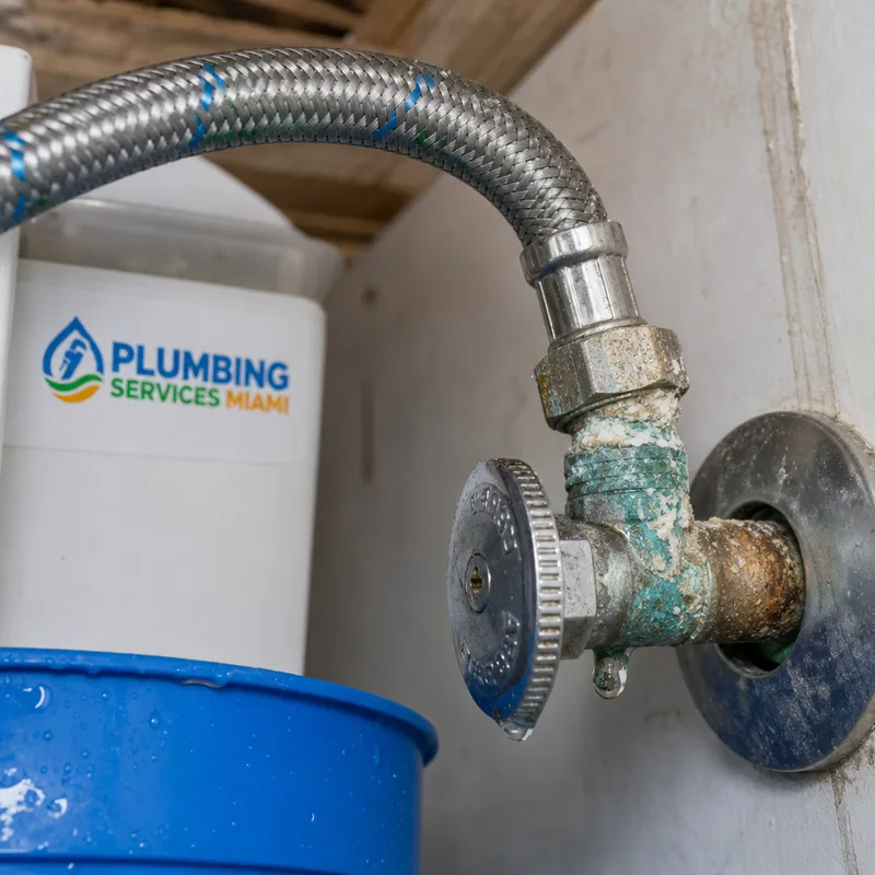 Corroded angle stop valve and braided supply line leaking beneath a sink