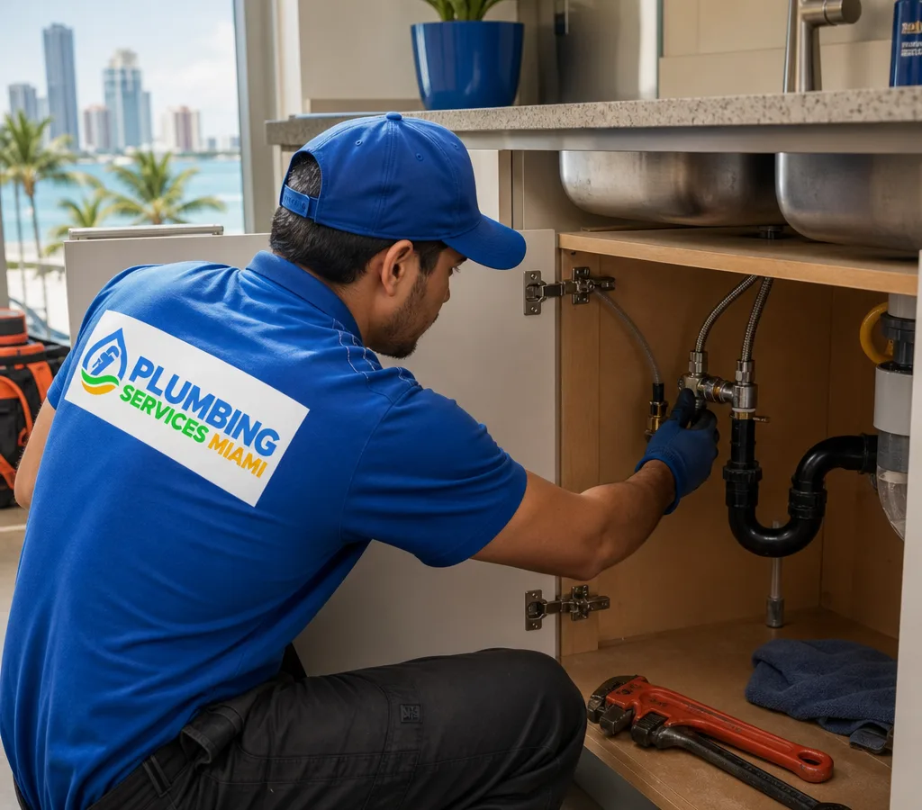 Plumber inspecting a supply line and shutoff valve beneath a kitchen sink with hand tools