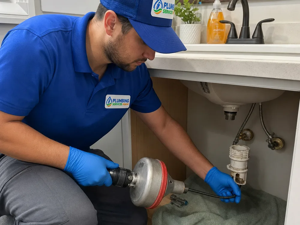 Plumber using a hand auger at a bathroom sink drain with the P-trap removed